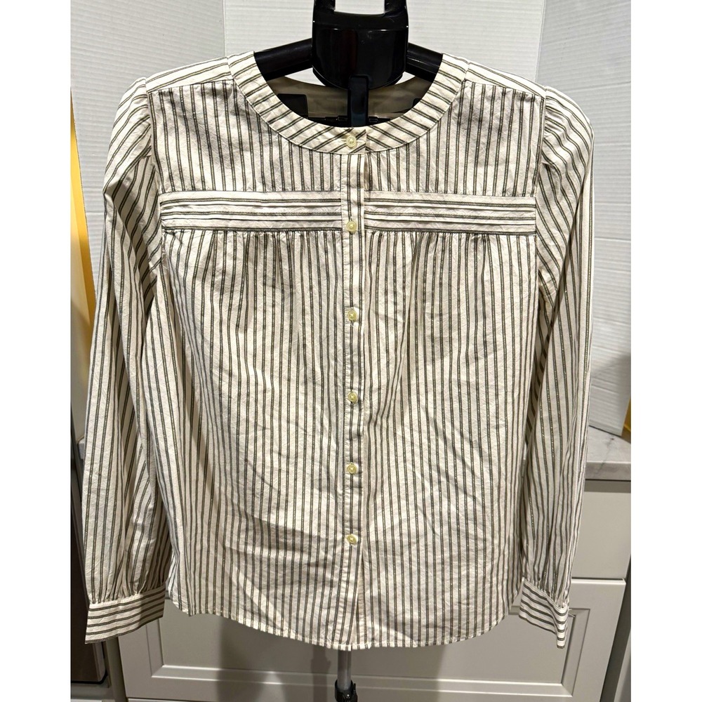 LOFT White/Black Striped Button Front Long Sleeve Woven Blouse Women's M